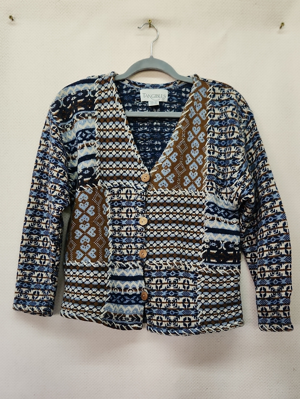 Tangibles Patchwork Knit Cardigan in Blue and Brown
